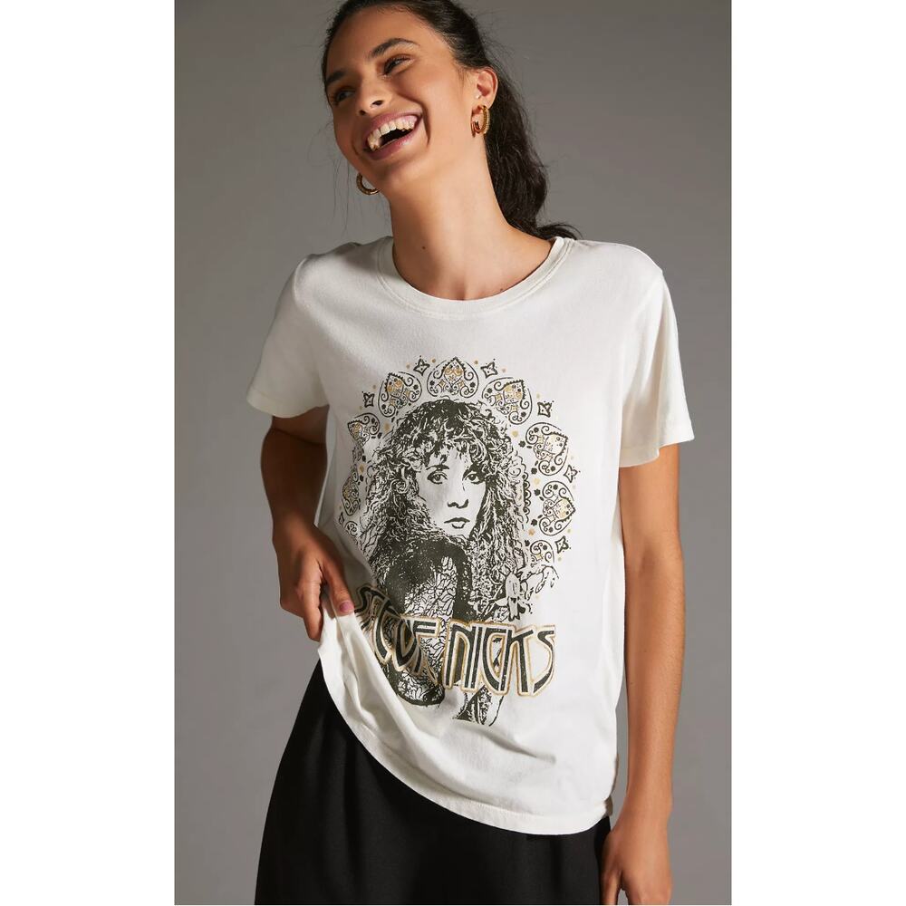 Stevie Nicks Graphic Tee XS Letluv Anthropologie Boho Band Shirt Cream Gold Foil